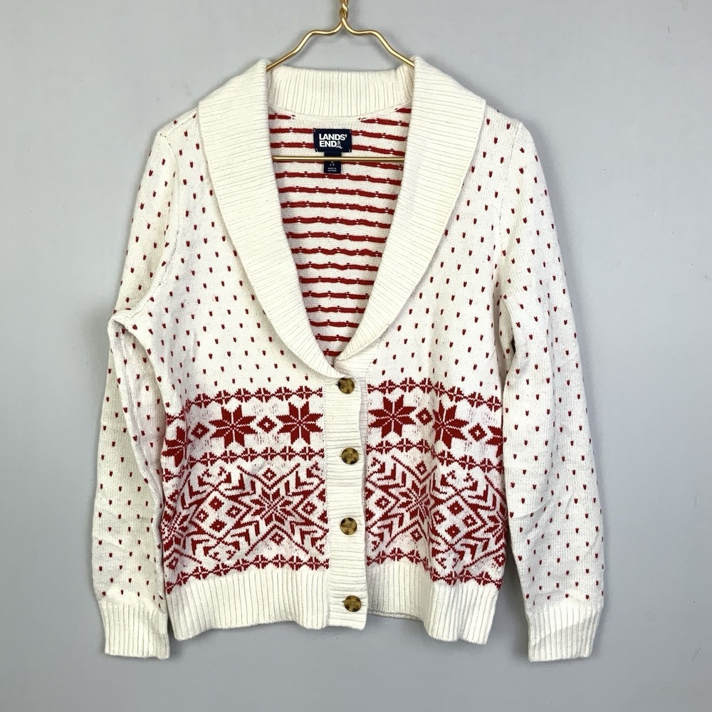 Lands End Small Cream Red Fair Isle Cardigan Sweater Nordic Shawl Collar Holiday